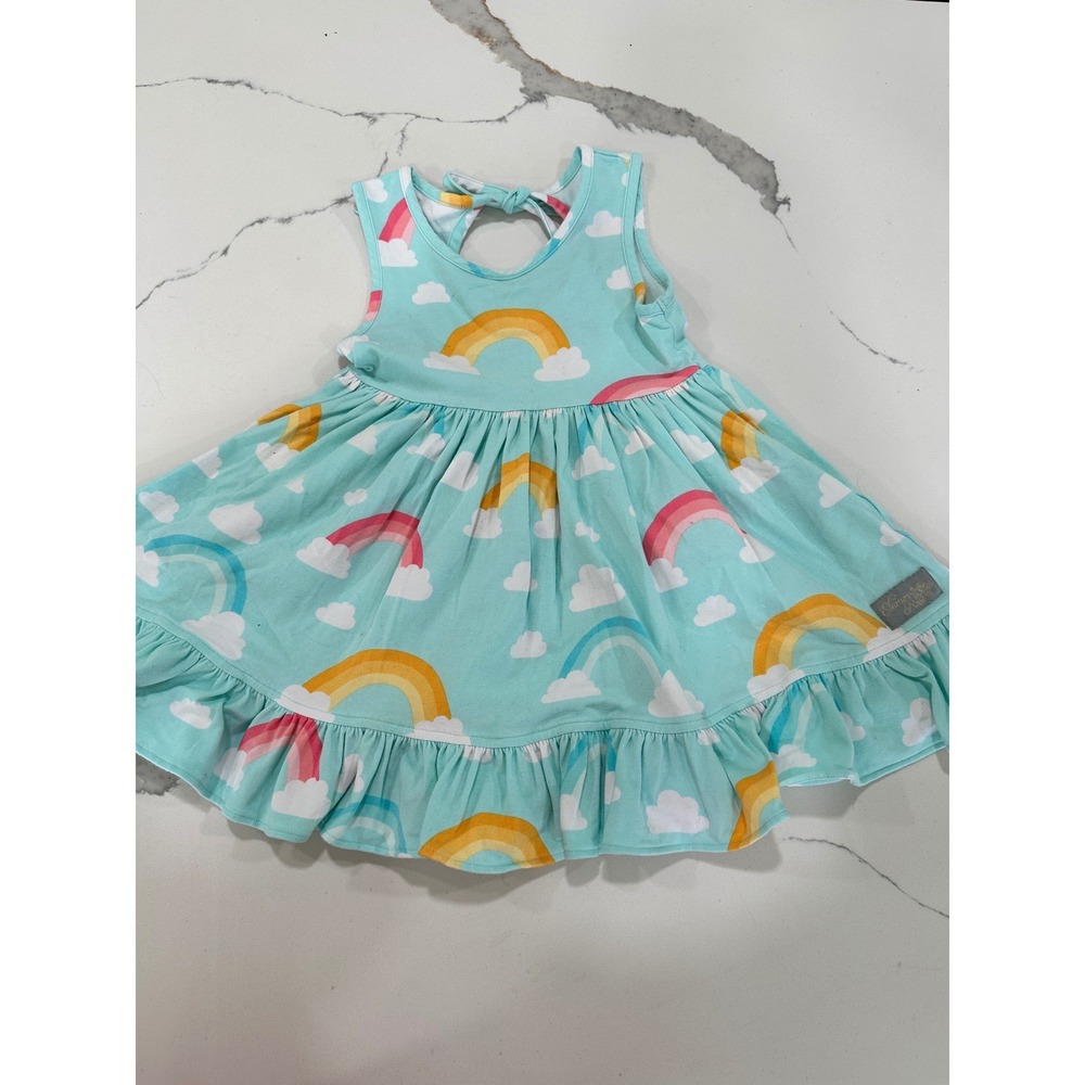Eleanor Rose Perla Dress Aqua Blue Rainbow Cloud Ruffle Keyhole Back Size 3-4